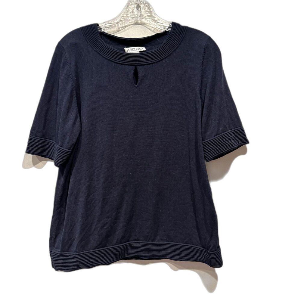 Pendleton Top Sweater Silk Short Sleeve Navy Ribbed Keyhole Knit Top Women L